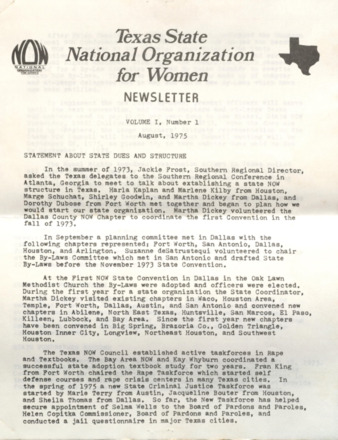 Texas NOW Times, Vol. 1, No. 1, August 1975