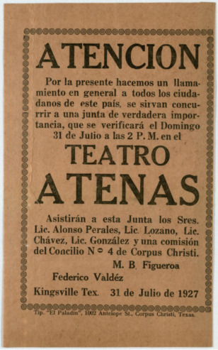 Printed broadside announcing a meeting at the Teátro Atenas