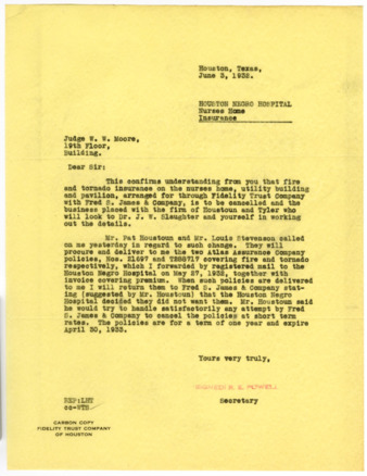 Letter from R. E. Powell to Judge W. W. Moore, 1932 June 3