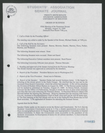 Senate Journal, Vol. 1, Twenty-sixth Senate Students' Association, University of Houston, Order of Business [Minutes], Fifth Meeting, Summer Senate, August 14, 1989