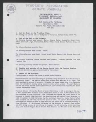 Senate Journal, Vol. 1, Twenty-sixth Senate Students' Association, University of Houston, Sixth Meeting, Fall Senate, November 6, 1989