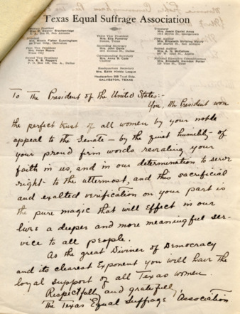 Letter from the Texas Equal Suffrage Association to President Woodrow Wilson, 1918 October 2