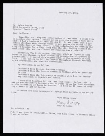 Letter from Mary S. Lopez to Helen Hunter, January 10, 1986