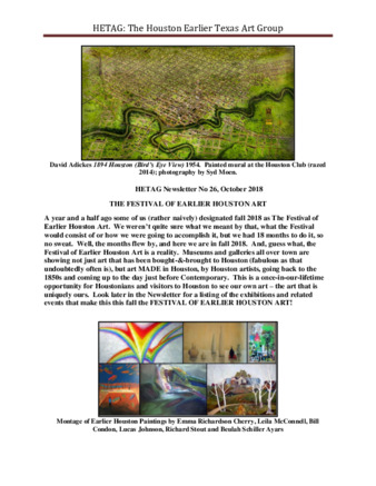 HETAG: The Houston Earlier Texas Art Group Newsletter, No. 26, October 2018