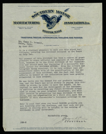 Signed letter from Jacques E. Blevins to James F. Darnall, with enclosed stock certificate