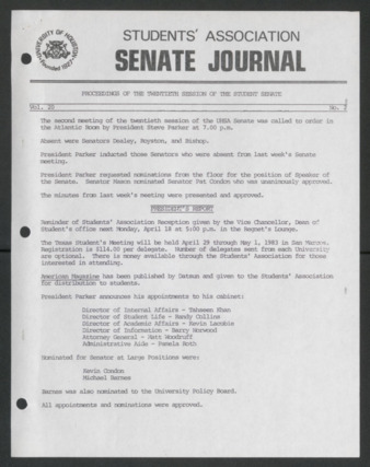 Senate Journal, Twentieth Senate, University of Houston Student Government Association, Minutes, Vol. 20, No. 2, April 11, 1983