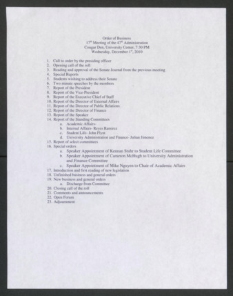 Order of Business [Agenda], 17th Meeting of the 47th Administration, December 1, 2010