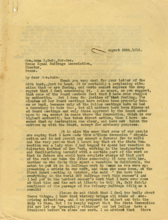 Letter from Minnie Fisher Cunningham and Anna B. Cade, about approving expenses of Texas Equal Suffrage Organization