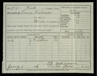 Receipt for taxes paid by Lusia Holmes on land originally belonging to J. P. Osteen