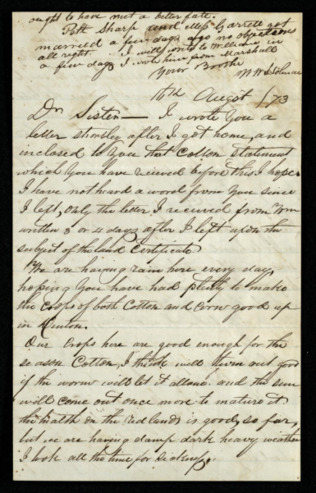Letter from William Holman to his sister, Prudence Weeks, regarding land grant, weather, and crops