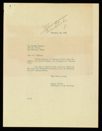Letter from George Clarke to Harold Winters, 1938 February 17