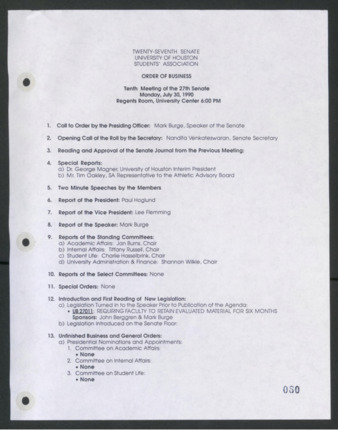 Twenty-seventh Senate, University of Houston, Students' Association, Order of Business, Tenth Meeting, July 30, 1990