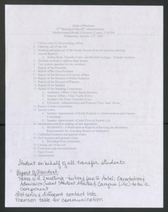 Order of Business, 15th Meeting of the 46th Administration, October 14, 2009