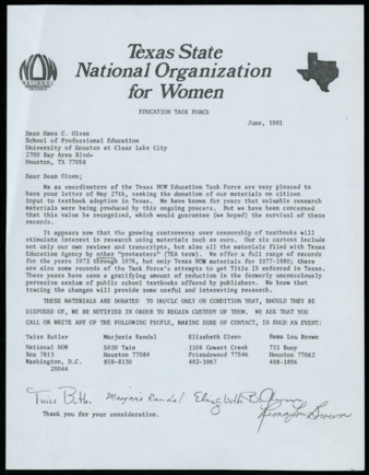 Letter from Rema Lou Brown, Twiss Butler, Elizabeth Glenn, and Marjorie Randal to Hans C. Olsen, 1981 June
