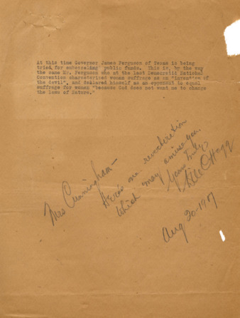 Letter from Bill Ottoqq to Mrs. Minnie Fisher Cunningham