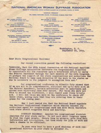 Letter from the National Congressional Committee Chairman, Mrs. Frank M. Roessing to the State Congressional Chairman