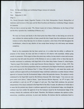 Translation of Announcement from Dr. Bernardo Gárate and Archbishop Pelagio Antonio de Labastida, September 9, 1863