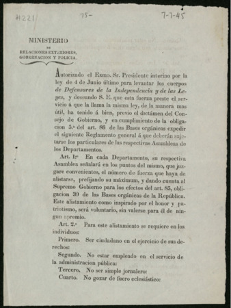 General announcement from José Joaquin de Herrera to the Inhabitants of Mexico, July 7, 1845