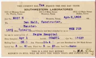 Southwestern Laboratories one day cement test card, 1926 April 2