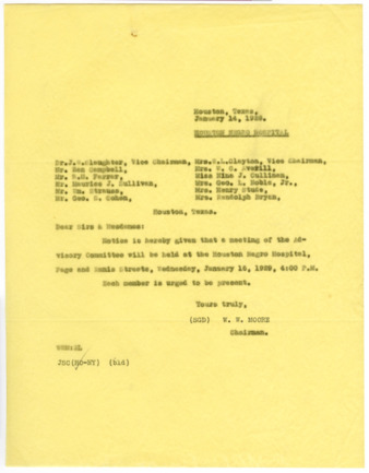 Letter from W. W. Moore to members of the Houston Negro Hospital advisory committee, 1929 January 14