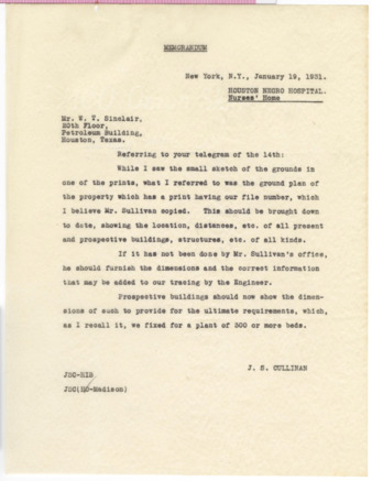Memorandum from J. S. Cullinan to W. T. Sinclair, 1931 January 19