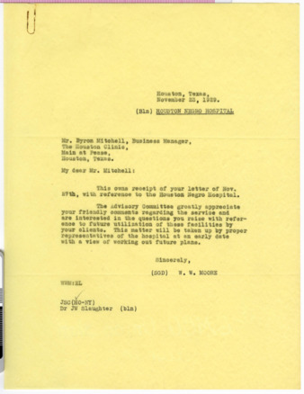 Letter from W. W. Moore to Byron Mitchell, 1929 November 23