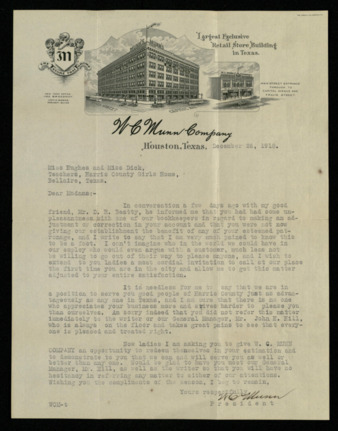 Letter from W. C. Munn to Miss Hughes and Miss Dick regarding a problem with their account.