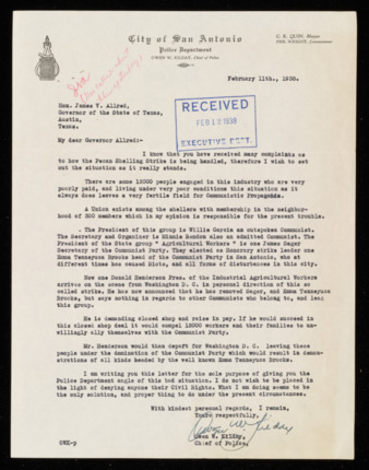 Letter from Owen W. Kilday to Governor James V. Allred, 1938 February 11