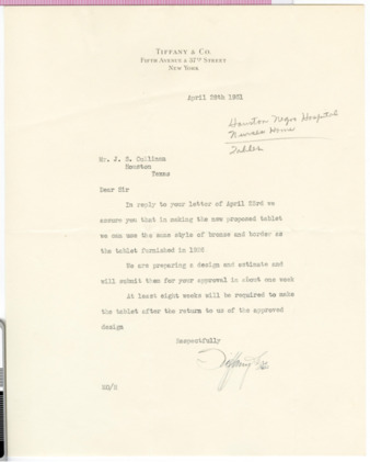 Letter from Tiffany and Company to J. S. Cullinan, 1931 April 28