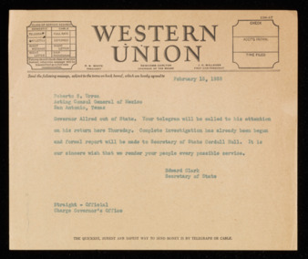 Telegram from Edward Clark to Roberto S. Urrea, 1938 February 15