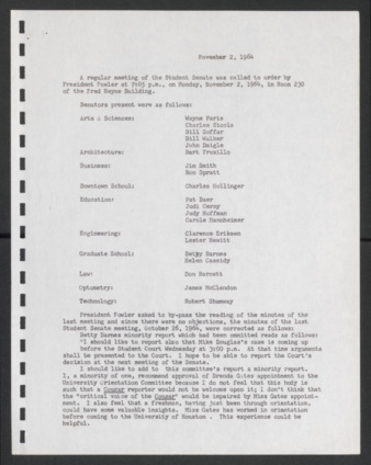 First Senate, University of Houston Student Government Association, Minutes, November 2, 1964
