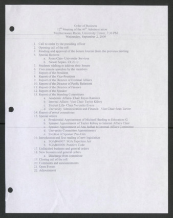 Order of Business [Agenda], 12th Meeting of the 46th Administration, September 2, 2009