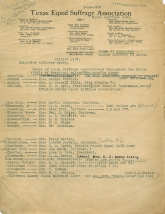 Mailing List of the Heads of Local Suffrage Associations throughout the State