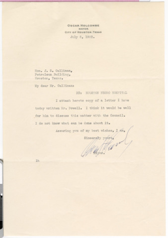 Letter from Mayor Oscar Holcombe to J. S. Cullinan, 1933 July 5