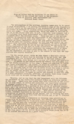 Letters regarding efforts to clean up vice surrounding military camps