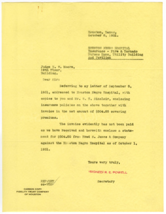 Letter from R. E. Powell to W. W. Moore, 1931 October 8