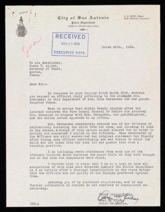 Letter from Owen W. Kilday to Governor James V. Allred, 1938 March 25