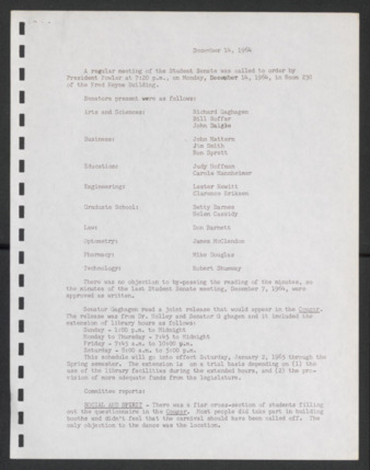 First Senate, University of Houston Student Government Association, Minutes, December 14, 1964