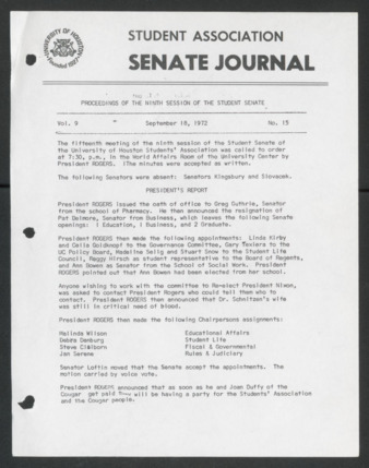 Senate Journal, Ninth Senate, University of Houston Student Government Association, Minutes, Vol. 9, No. 15, September 18, 1972