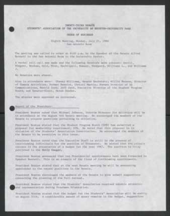 Twenty-third Senate, Students' Association of the University of Houston-University Park, Order of Business [Minutes], Eighth Meeting, July 21, 1986
