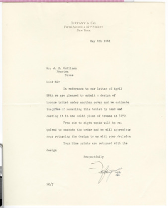 Letter from Tiffany & Co. to J. S. Cullinan, 1931 May 6