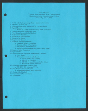 Order of Business [Agenda], 8th Senate Meeting of the 42nd Administration, October 12, 2005