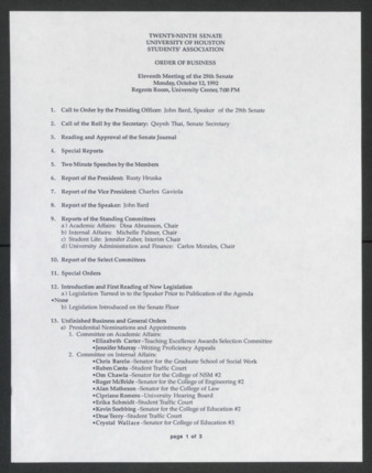 Twenty-ninth Senate, University of Houston, Students' Association, Order of Business, Eleventh Meeting, October 12, 1992