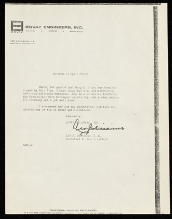 Letter of Reference, Leo J. Dicianne regarding Mary F. Lopez