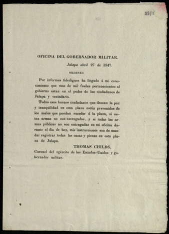 Ordenes, Oficina del Gobernador Militar, Jalapa