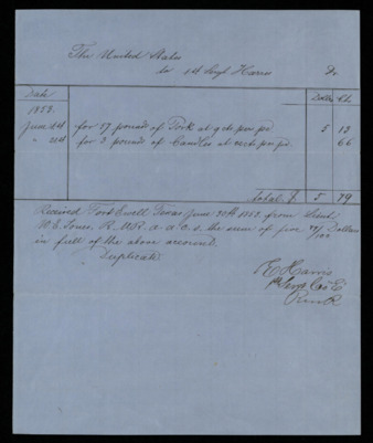 Receipt for 57 pounds of pork and 3 pounds of candles delivered to Fort Ewell