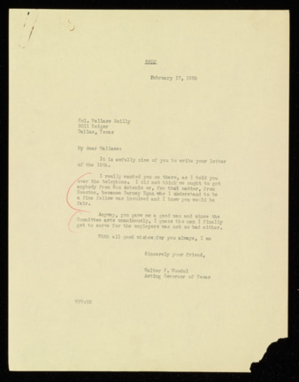 Letter from Acting Governor Walter F. Woodul to Colonel Wallace Reilly, 1938 February 17