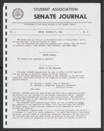 Senate Journal, Third Senate, University of Houston Student Government Association, Minutes, Vol. 3, No. 26, November 21, 1966