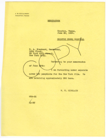 Memorandum from W. T. Sinclair to R. A. Shepherd, 1928 June 20