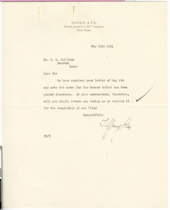 Letter from Tiffany and Company to J. S. Cullinan, 1931 May 11